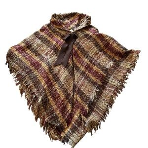 Plaid Fringe Poncho with Bow Tie